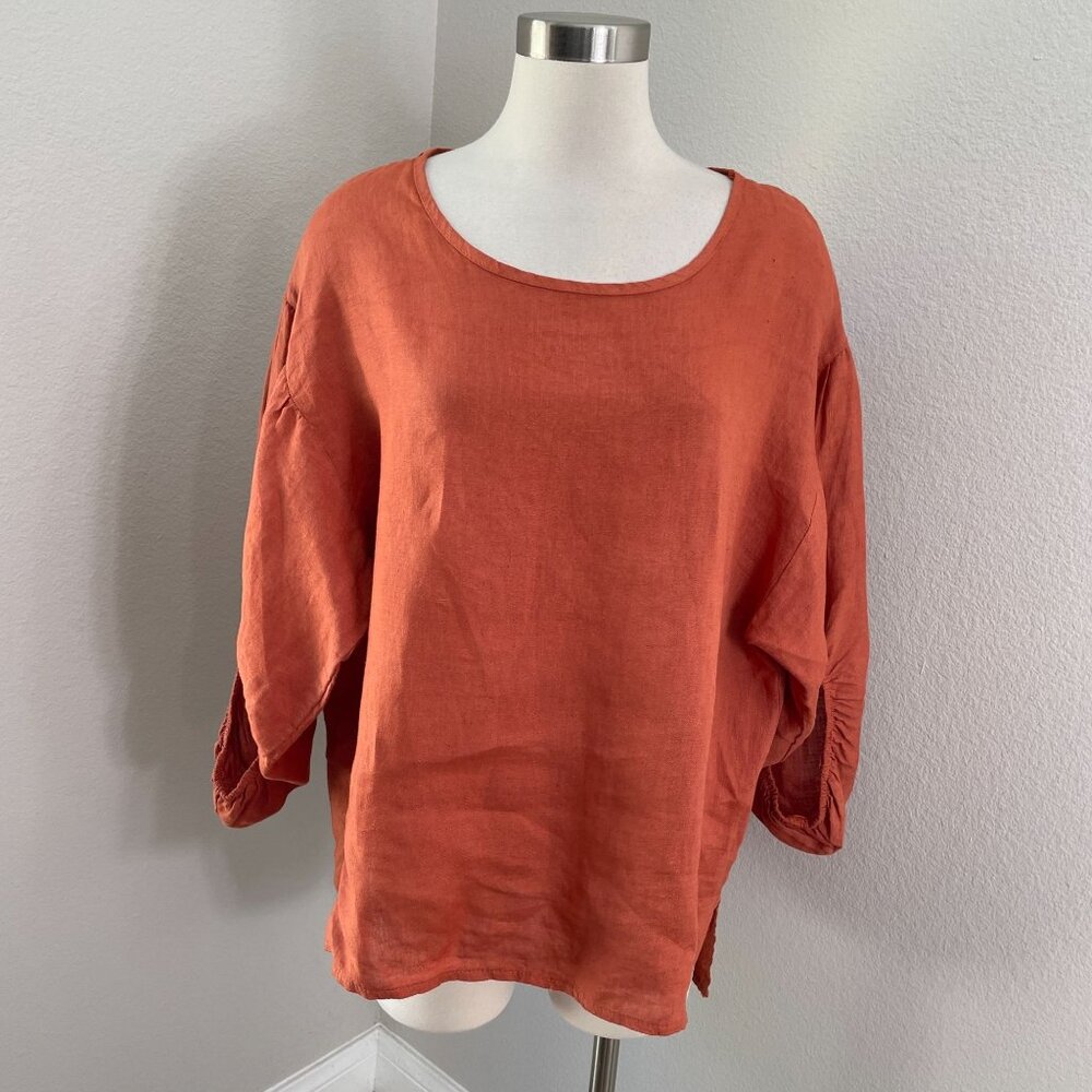 Bellambra Womens Large 100% Linen‎ Oversized Rust Orange Top Gathered Sleeve